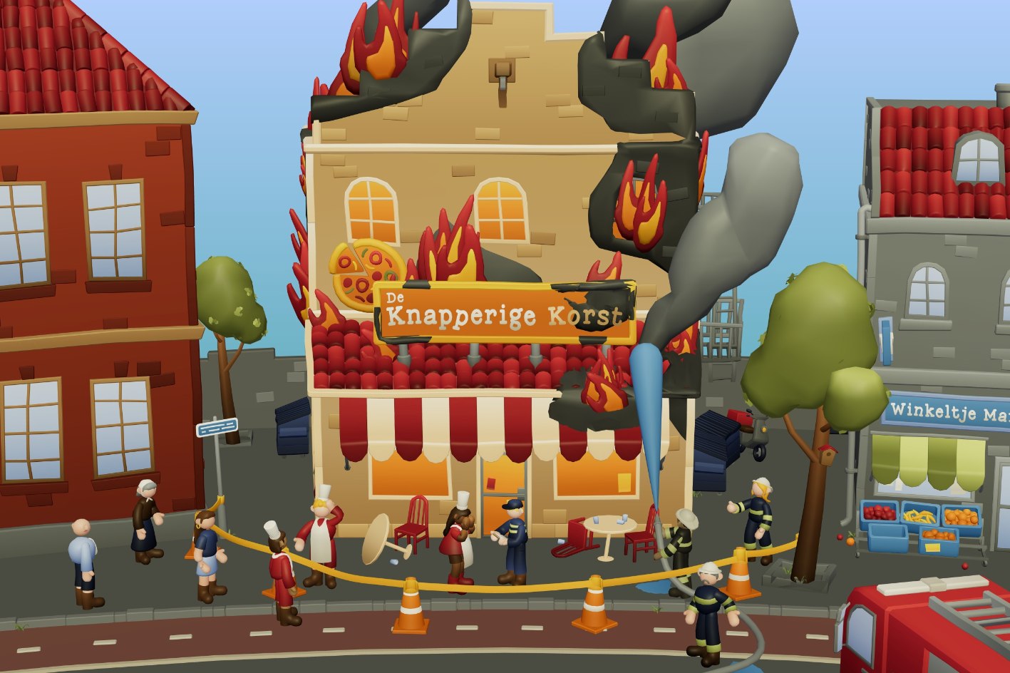 Een straat met een brandende pizzeria. Er staan mensen omheen te kijken terwijl de brandweer blust.